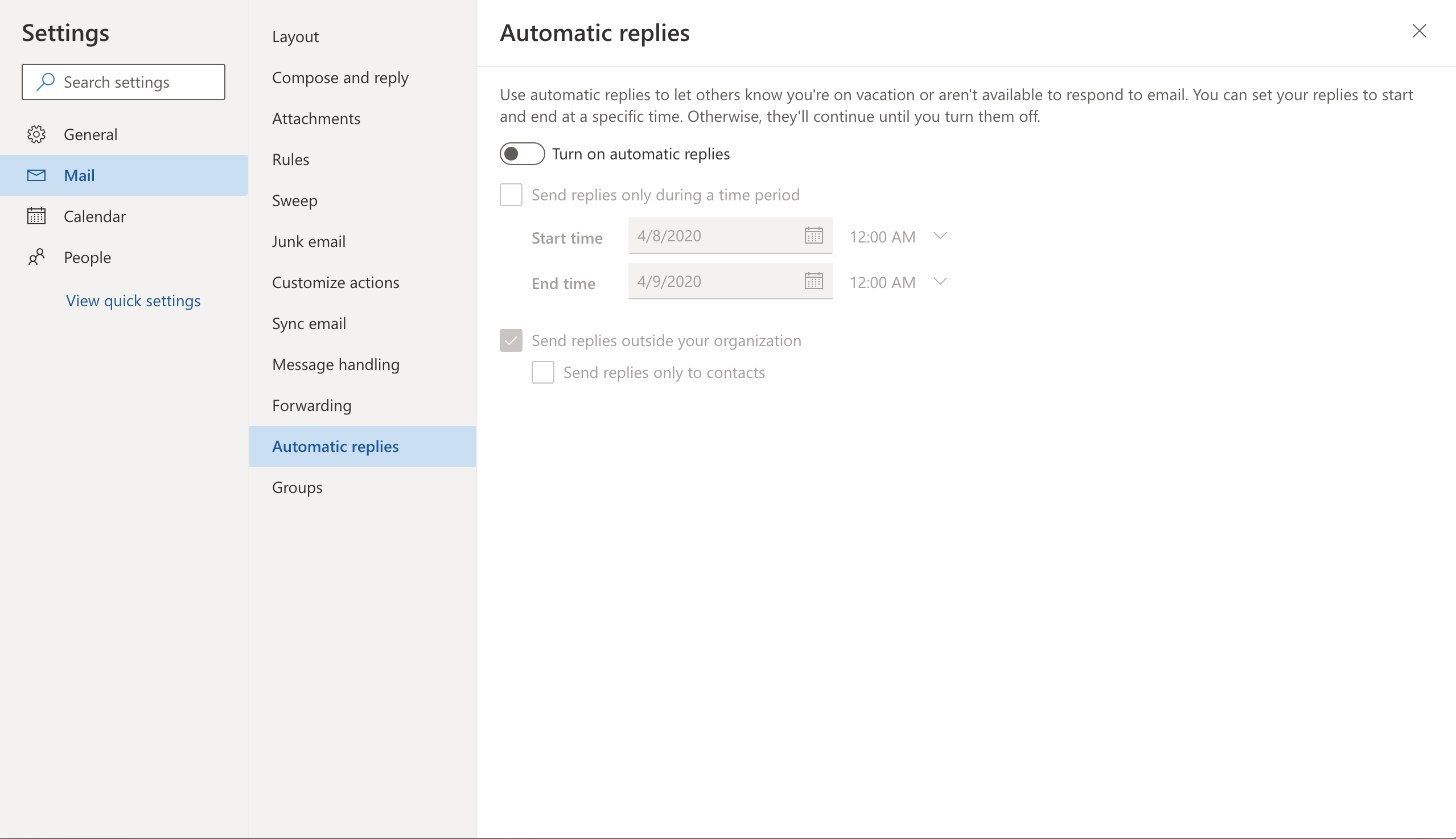 Automatic Replies Window